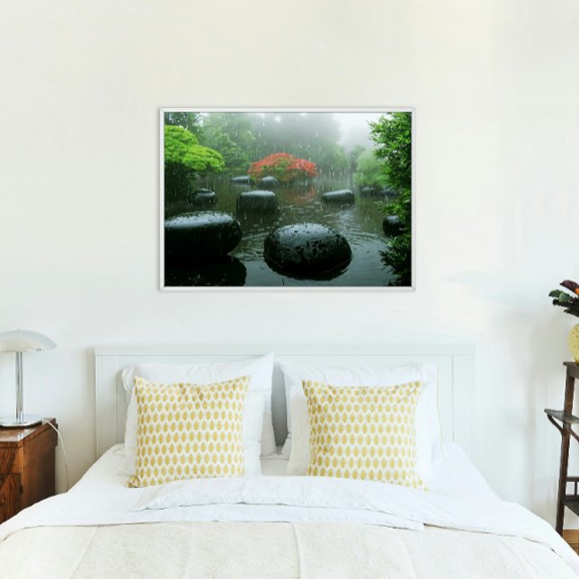 Peaceful Japanese Zen Garden with Flowers & Rain | Acrylic Print (Creator Uploaded)