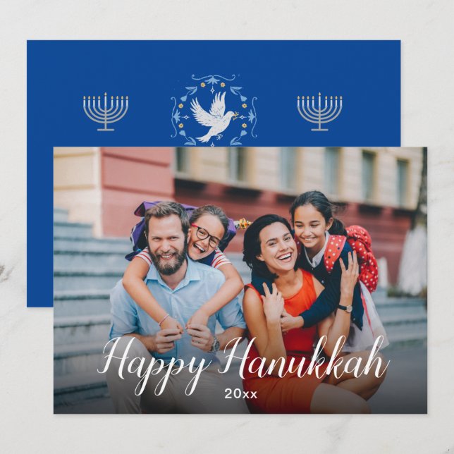 Peaceful Joyous Happy Hanukkah Blue Modern Photo Holiday Card (Front/Back)