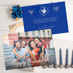Peaceful Joyous Happy Hanukkah Modern Photo Holiday Card<br><div class="desc">Send Hanukkah greetings with a full-sized family photo on the front with complementary white fonts of "Happy Hanukkah" and the current year across the bottom of the photo. On the reverse side is a message to keep or personalize and a place for your family or individual name. Two simple menorahs...</div>