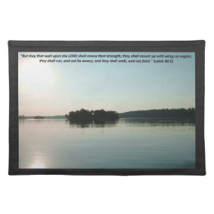 Peaceful Lake and Distant Trees with scripture Cloth Placemat