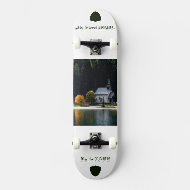 Peaceful Lake House Landscape Art Skateboard for . (Front)