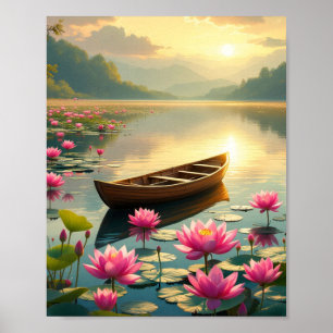 Peaceful Lake Sunset With Boat And Flowers Poster