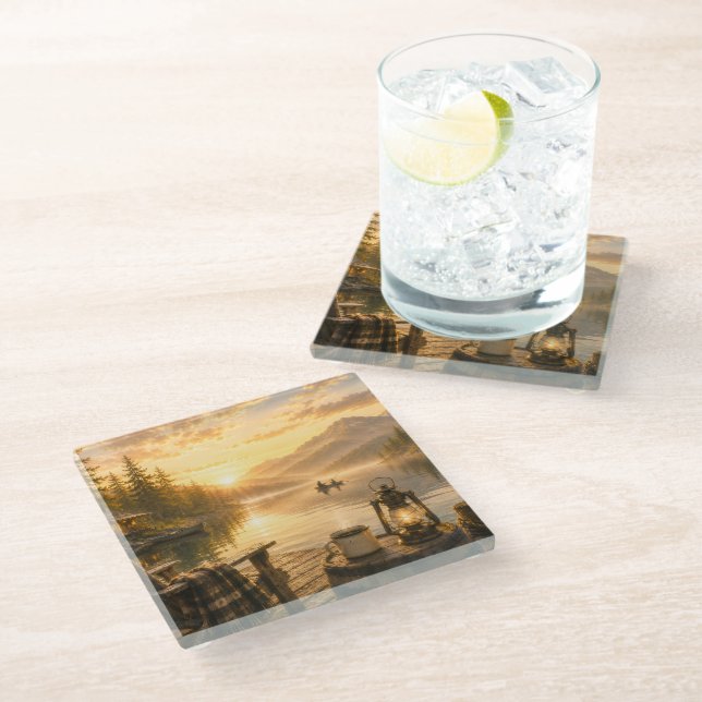 Peaceful Lakeside Glass Beverage Coaster (Angled)