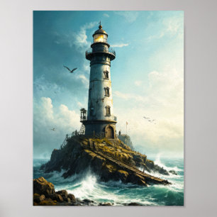 Peaceful lighthouse with seagull in northern sea poster