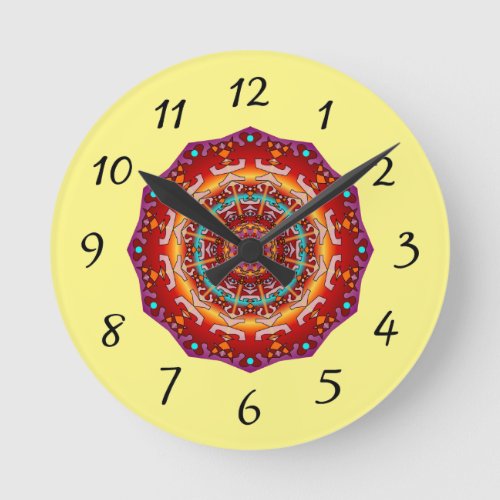 Peaceful Mandala Clock in Reds on Yellow