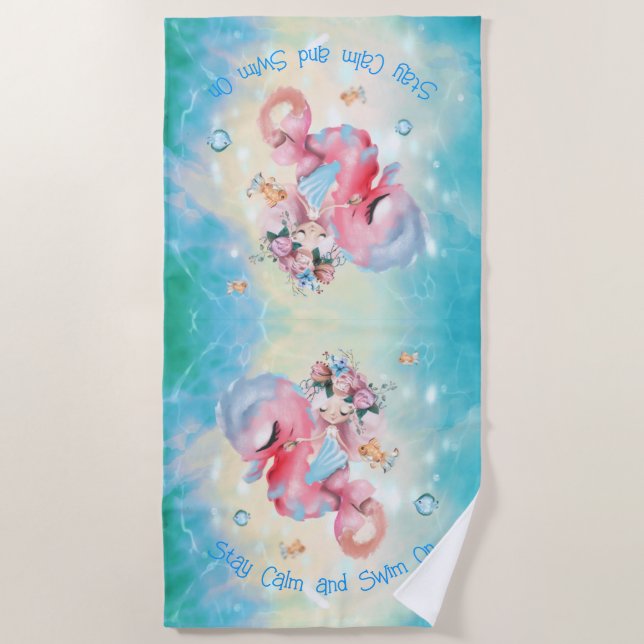 Peaceful Mermaid on Pink Seahorse Beach Towel (Front)