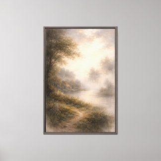 Peaceful Misty River Cottage Canvas Print