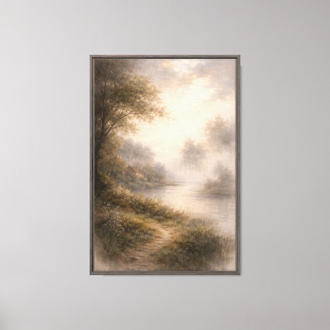 Peaceful Misty River Cottage Canvas Print (Front)