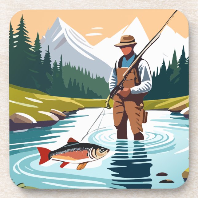 Peaceful Morning Fishing Wading Mountain Creek  Beverage Coaster (Front)