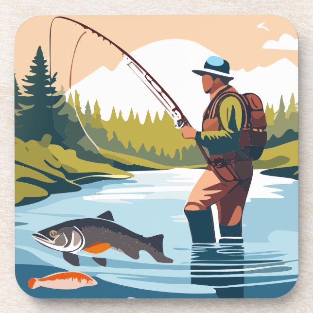 Peaceful Morning Fishing Wading Mountain Creek  Beverage Coaster (Front)