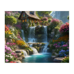 Peaceful mountain cabin waterfalls flowers acrylic print
