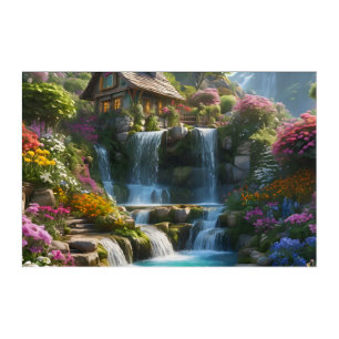 Peaceful mountain cabin waterfalls flowers acrylic print