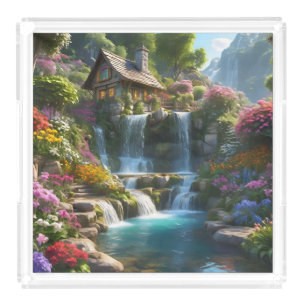 Peaceful mountain cabin waterfalls flowers acrylic tray