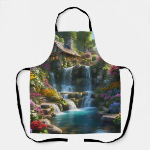 Peaceful mountain cabin waterfalls flowers apron