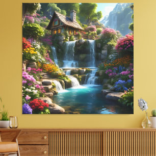 Peaceful mountain cabin waterfalls flowers canvas print