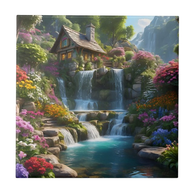 Peaceful mountain cabin waterfalls flowers ceramic tile (Front)