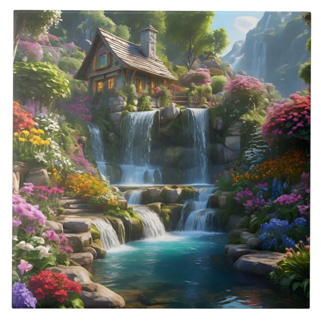 Peaceful mountain cabin waterfalls flowers ceramic tile (Front)