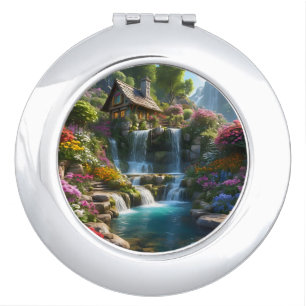 Peaceful mountain cabin waterfalls flowers compact mirror