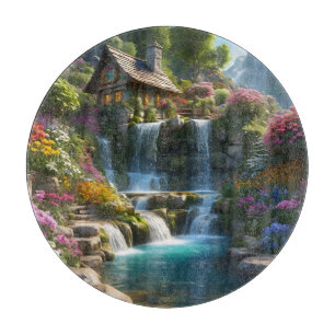 Peaceful mountain cabin waterfalls flowers cutting board