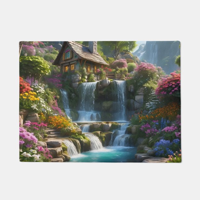 Peaceful mountain cabin waterfalls flowers doormat (Front)
