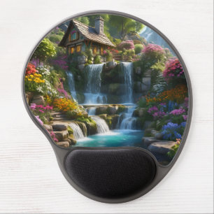 Peaceful mountain cabin waterfalls flowers gel mouse pad