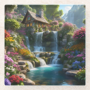 Peaceful mountain cabin waterfalls flowers glass coaster