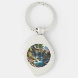Peaceful mountain cabin waterfalls flowers keychain