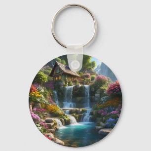 Peaceful mountain cabin waterfalls flowers keychain