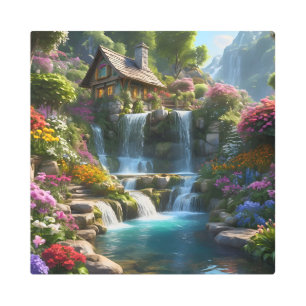 Peaceful mountain cabin waterfalls flowers metal print