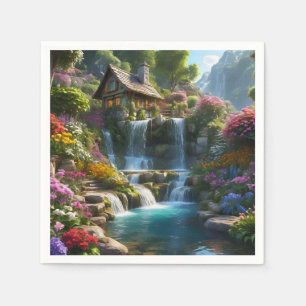 Peaceful mountain cabin waterfalls flowers napkins