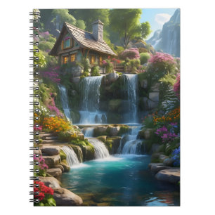 Peaceful mountain cabin waterfalls flowers notebook