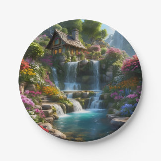 Peaceful mountain cabin waterfalls flowers paper plates