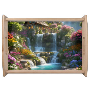 Peaceful mountain cabin waterfalls flowers serving tray