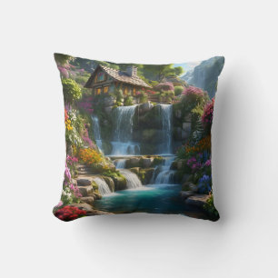 Peaceful mountain cabin waterfalls flowers throw pillow