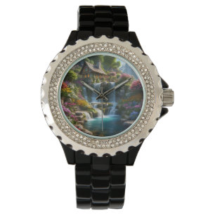 Peaceful mountain cabin waterfalls flowers watch