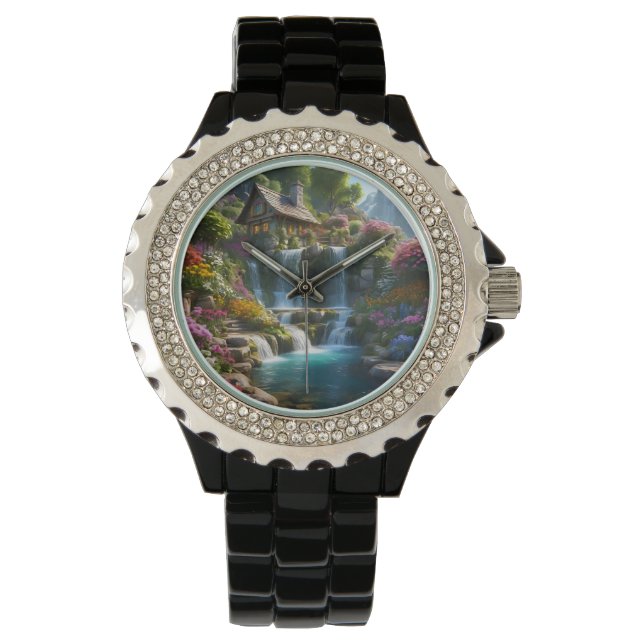 Peaceful mountain cabin waterfalls flowers watch (Front)