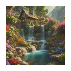 Peaceful mountain cabin waterfalls flowers wood wall art