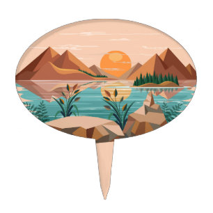 Peaceful Mountain Lake Sunset Landscape Cake Topper