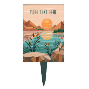 Peaceful Mountain Lake Sunset Landscape Cake Topper