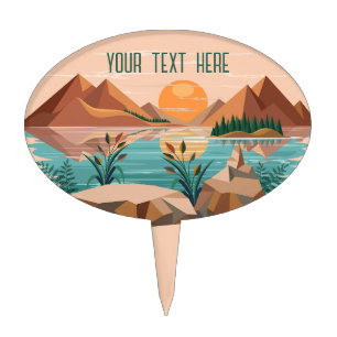 Peaceful Mountain Lake Sunset Landscape Cake Topper