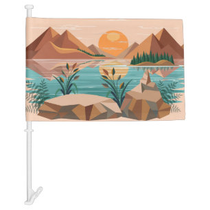 Peaceful Mountain Lake Sunset Landscape Car Flag