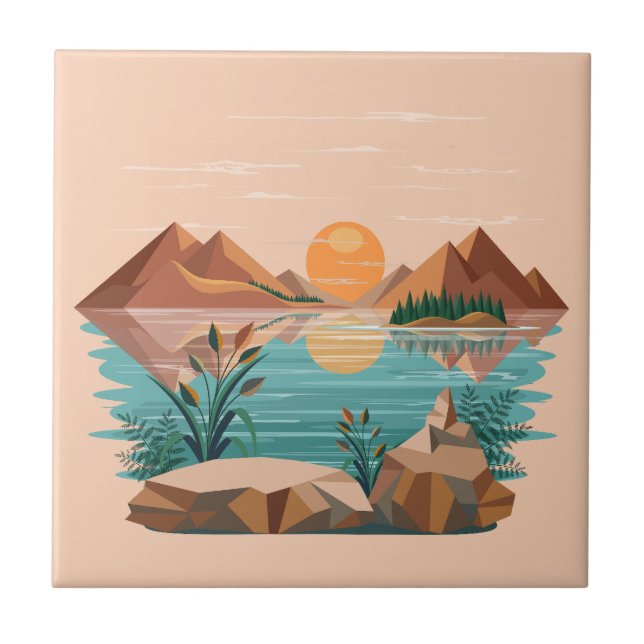 Peaceful Mountain Lake Sunset Landscape Ceramic Tile (Front)