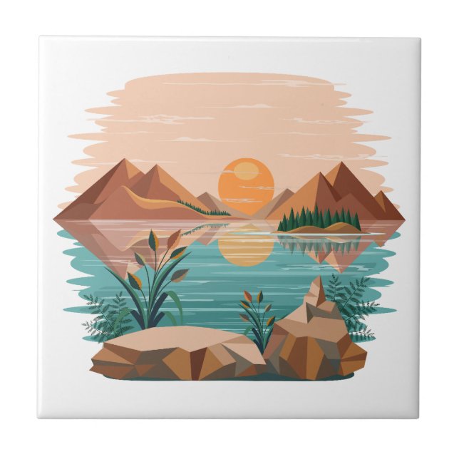 Peaceful Mountain Lake Sunset Landscape Ceramic Tile (Front)
