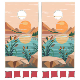 Peaceful Mountain Lake Sunset Landscape Cornhole Set