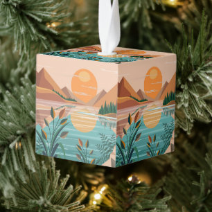 Peaceful Mountain Lake Sunset Landscape Cube Ornament