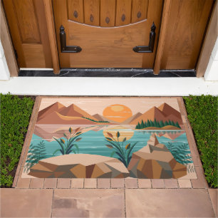 Peaceful Mountain Lake Sunset Landscape Doormat