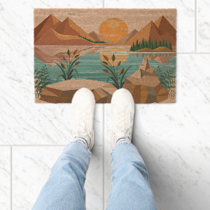 Peaceful Mountain Lake Sunset Landscape Fiber Doormat