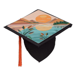 Peaceful Mountain Lake Sunset Landscape Graduation Cap Topper
