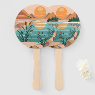 Peaceful Mountain Lake Sunset Landscape Hand Fan