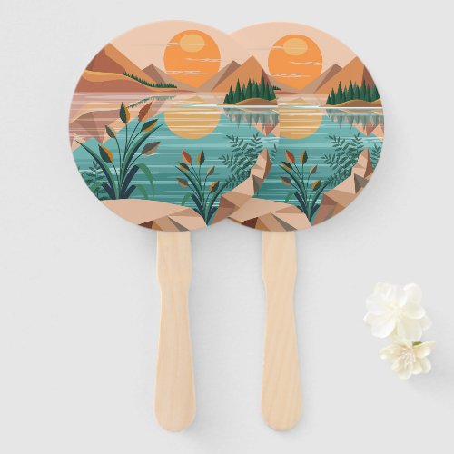 Peaceful Mountain Lake Sunset Landscape Hand Fan